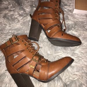 Brown Cutout Lace Up Booties